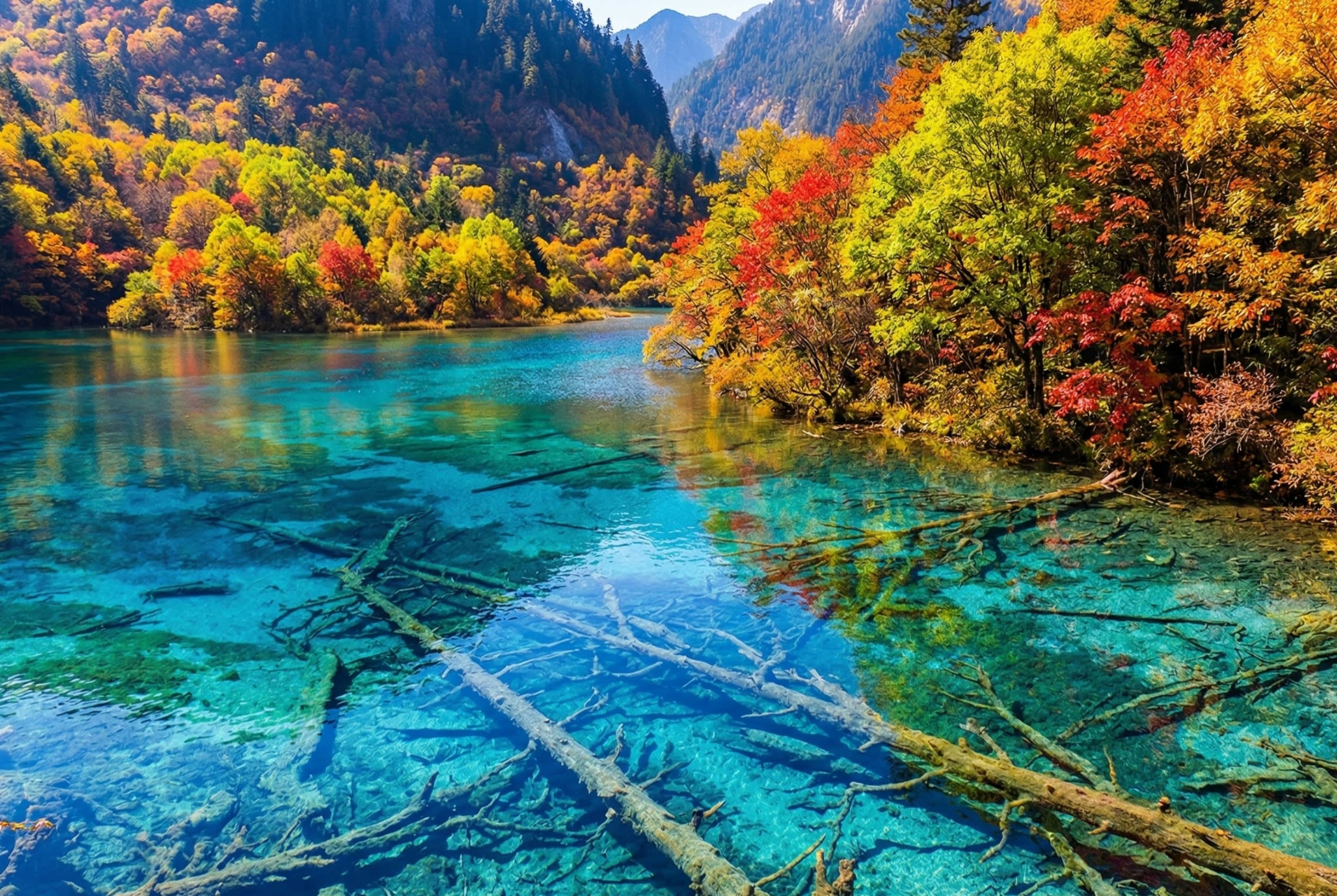 九寨沟秋日湖泊与彩林